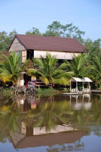 un bâtiment avec des palmiers devant une étendue d'eau dans l'établissement Bungalow - Farmstay Hoa Rừng U Minh, à Cà Mau