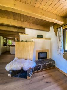 a living room with a bed and a fireplace at Chalet Wildalpen (in Ruhelage & mit Wellness) in Wildalpen