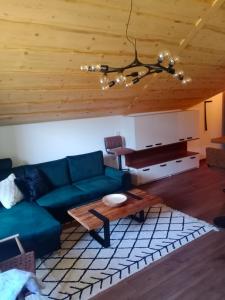 Villa Erdődy Resort في اورافسكه لسنه: غرفة معيشة مع أريكة خضراء وطاولة