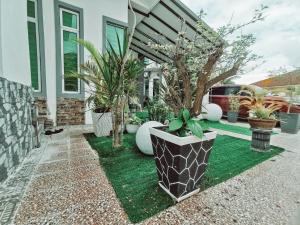 Inap Idaman 5 With 2 Queen Bed In Kubang Kerian في Kota Bharu: حديقة بها نباتات الفخار والمنزل