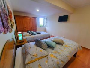 a bedroom with two beds and a television in it at Casa en centro de Santana con vista al mar y la montaña in Santana