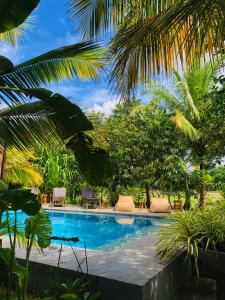 a swimming pool in a resort with palm trees at Richards Cabanas in Tissamaharama