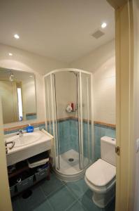 y baño con ducha, aseo y lavamanos. en Apartamento mirador del valle wowrural, en Sabiñánigo