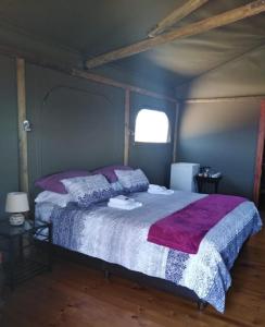 ein Schlafzimmer mit einem großen Bett in einem Zimmer in der Unterkunft Hillcrest Lodge Tents - Sandstone in Plettenberg Bay