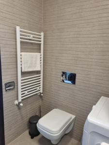 a bathroom with a white toilet and a sink at HCT Sinaia Apartment in Sinaia