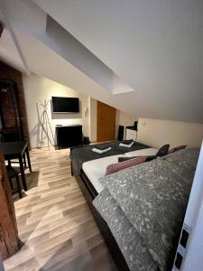ein Hotelzimmer mit 2 Betten und einem TV in der Unterkunft Apartmány Kukučín in Košice