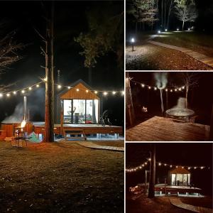 a group of four pictures of a cabin at night at Ramybės parkas 