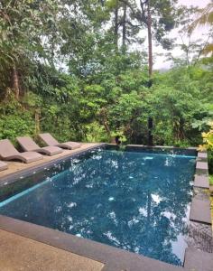 a swimming pool with chairs and trees in the background at Tropical 1bedroom Apartment in Kamala Beach
