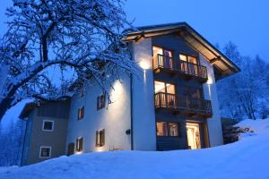 Una casa en la nieve por la noche en B&B Mas de Lagorae en Tesero