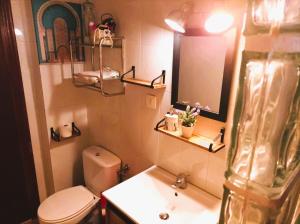y baño con aseo, lavabo y espejo. en alojamiento rural EL METGE, en Penàguila