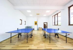 twee blauwe tafeltennistafels in een kamer bij Къща за гости и спорт Анелия in Vŭrben