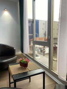 HASS Boutique Hotel في غوستيفار: غرفة معيشة مع طاولة قهوة ونافذة