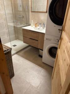 a bathroom with a shower and a washing machine at Cocoon in Megeve in Megève