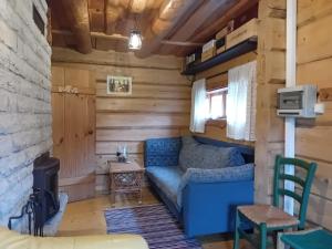 una sala de estar con un sofá azul en una cabaña de madera en Romantiline saunamaja Pädaste lahe ääres, en Pädaste