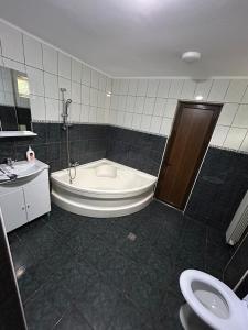 y baño con bañera, aseo y lavamanos. en Casa Rosa, en Băile Olăneşti