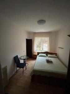 um quarto com uma cama, uma mesa e uma cadeira em Casa Rosa em Băile Olăneşti