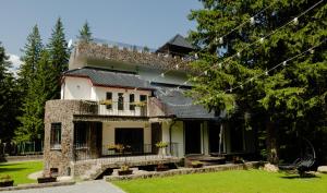 uma casa com uma varanda e um quintal em Castelul de Piatra em Păltiniş