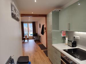 uma cozinha com armários verdes e uma sala de estar em Apartment Le Panoramic em Chamonix-Mont-Blanc