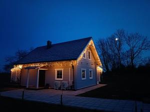 a house with christmas lights on it at night at Arimaičių kaimo sodyba 