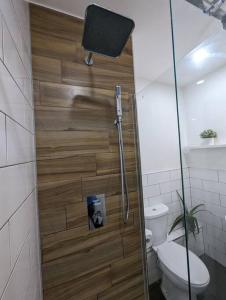 a bathroom with a shower with a toilet and a television at Bold street apartment in Liverpool