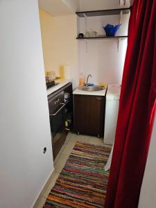 克拉約瓦的住宿－Anastasia Crib，一个带水槽和红色窗帘的小厨房