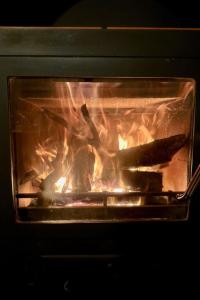 a fire in an oven with logs in it at Holiday Home Gräfenroda by Interhome in Dörrberg