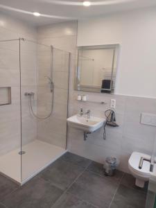 La salle de bains est pourvue d'une douche, d'un lavabo et de toilettes. dans l'établissement Hotel Stern, à Gersthofen