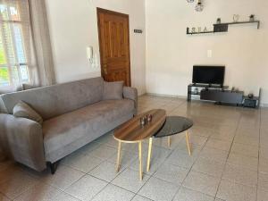 a living room with a couch and a coffee table at Villa Magda in Syvota