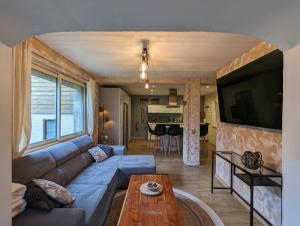 a living room with a couch and a tv at Les Myrtilles, appartement au pied des pistes in Saint-Pierre-dels-Forcats