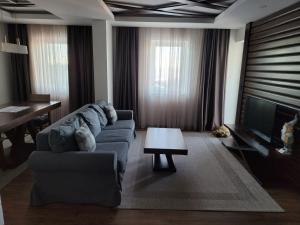 sala de estar con sofá, mesa y TV en Noma Kopaonik en Kopaonik