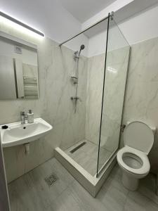 ein Badezimmer mit Dusche, Toilette und Waschbecken in der Unterkunft Perdemi in Galaţi