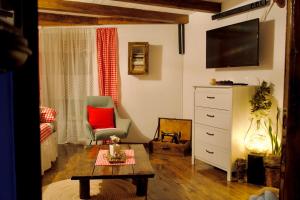 - un salon avec une télévision, une chaise et une table dans l'établissement Stara hiža, à Lanišće