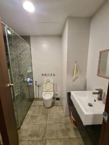 uma casa de banho com um chuveiro, um WC e um lavatório. em V' BROS VivaCity 3bedroom J4.3 [GOT DRYER] em Kuching