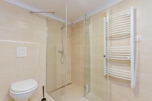 a bathroom with a toilet and a glass shower at Budapest Apartman Buda szívében in Budapest +6 photos