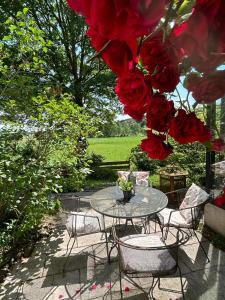 un tavolo e sedie con rose su un patio di Ferienwohnung An der Loipe a Lichtenstein