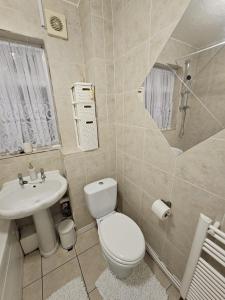 a bathroom with a toilet and a sink at Superb One bedroom house in Thamesmead