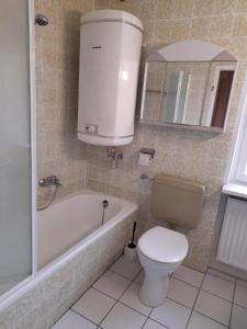 een badkamer met toilet, bad en wastafel bij Fewo Wellnesspalast in Bad Nauheim