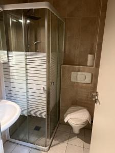 a bathroom with a shower and a toilet and a sink at Hotel Castellana in Lessien