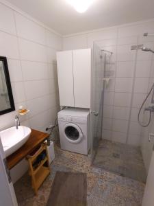 a bathroom with a washing machine and a washer at Balingen Apartment in Balingen