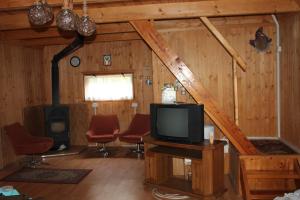 salon z telewizorem i krzesłami w kabinie w obiekcie Domek Aleksandra w mieście Zbychowo