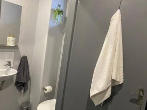 a bathroom with a toilet and a sink and a towel at The Ark in Maboneng in Johannesburg