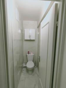 y baño blanco con aseo y ducha. en Mon superbe appartement en Argenteuil