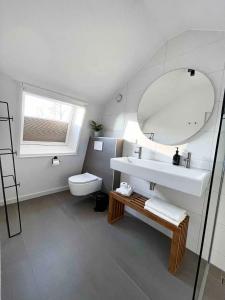 y baño con lavabo, aseo y espejo. en Lovely private cottage near Amsterdam en Broek in Waterland