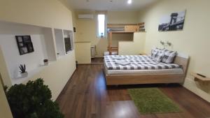 a living room with a couch and a green rug at Green Corner Wellness in Püspökladány