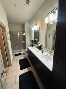 a large bathroom with a sink and a shower at NRG Stadium - 2 Bedroom 2 Bath Apartment with Amenities in Houston