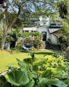 a yard with a house with a bench and plants at House of Art in Łomianki