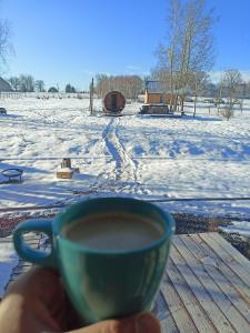 a person holding a cup of coffee in front of a snow covered field at Grudza Barn House in Grudza