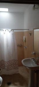 a bathroom with a shower curtain and a sink at Casa en Chilecito equipada cerca ruta 40 in Chilecito