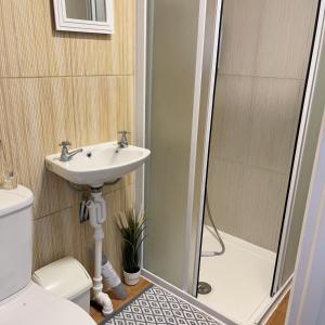 a bathroom with a sink and a shower at Monk’s Lodge in Parkside