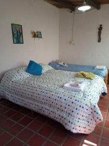 een slaapkamer met een bed met polka dot-lakens bij Casa en la Ruta del Vino in Mendoza